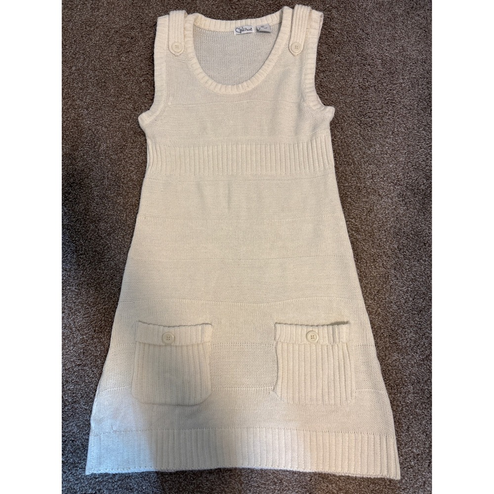 Red Paint Sweater Dress Womens Medium Cream Sleeveless Knit Mini Pocket